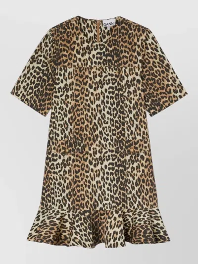 Ganni Mini Dress With Ruffled Hem And Buttons In Animal Print