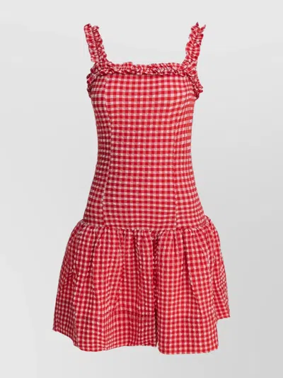 GANNI MINI DRESS WITH RUFFLED STRAPS AND CHECKERED PATTERN