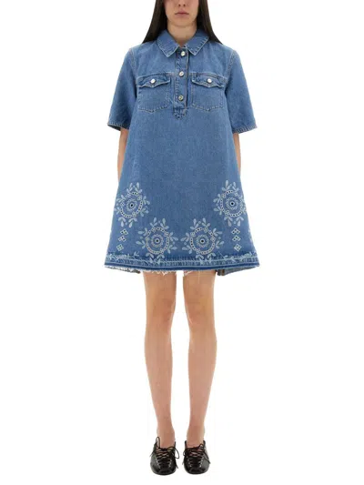 Ganni Denim Dress With Embroidered Hem And Pockets In Blue