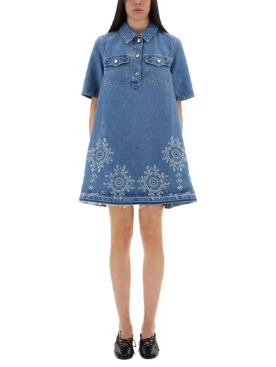 Ganni Denim Dress With Embroidered Hem And Pockets In Blue