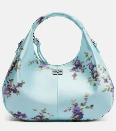 Ganni Mini Floral Satin Top-handle Bag In Blue