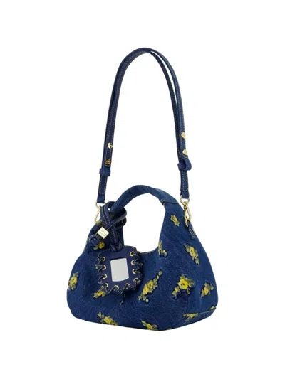 Ganni Mini Floral-embroidered Shoulder Bag In Blue