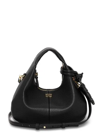 Ganni Mini Grained Hobo Bag With Elegant Gold Accents In Black
