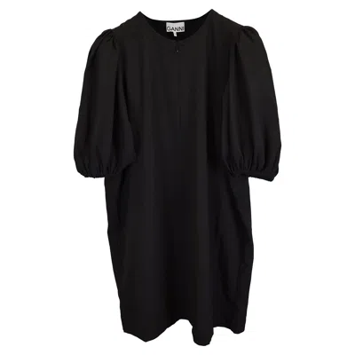 Ganni Mini Half Zipper Puffed Sleeves Dress In Black Crepe