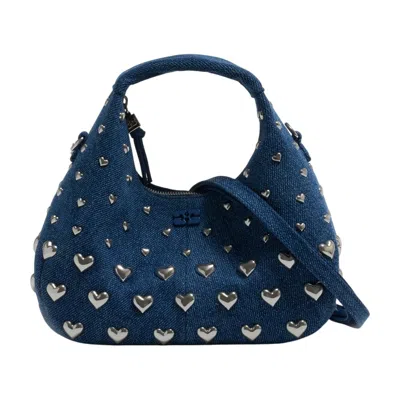 Ganni Mini Heart Stud Hobo Handbag In Blue