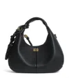 Ganni Black Leather Hobo Mini Grained Top Handle Bag In Black