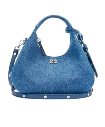 Ganni Mini Hobo Bag With Studs In Denim In Blue