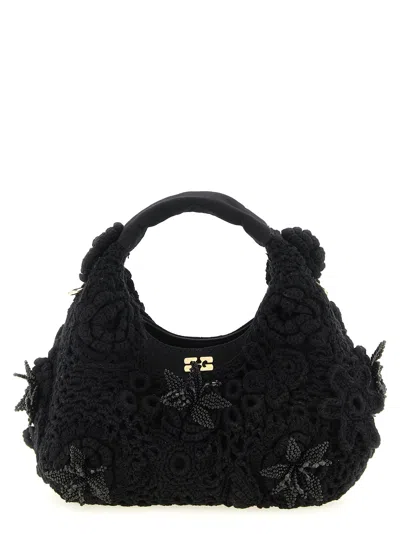 Ganni Mini Hobo Crochet Handbag In Black