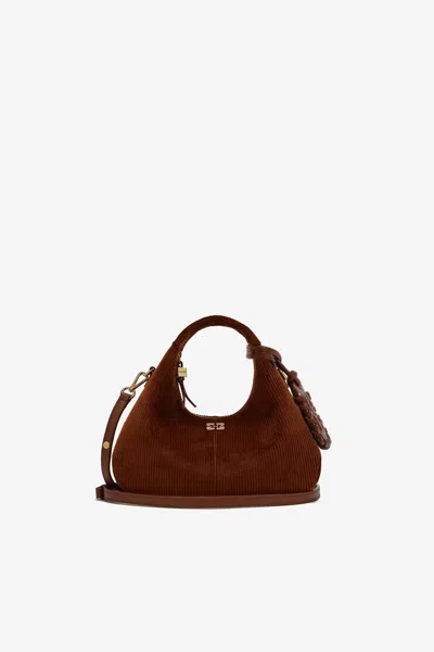 Ganni Mini Hobo Handbag In Corduroy In Tortoise Shell