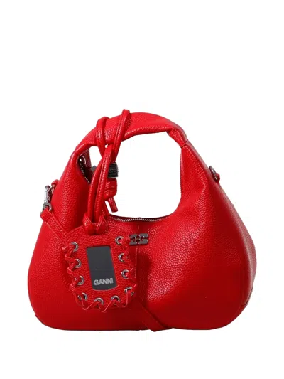 Ganni Mini Hobo Lace Detail Tote Bag In Red