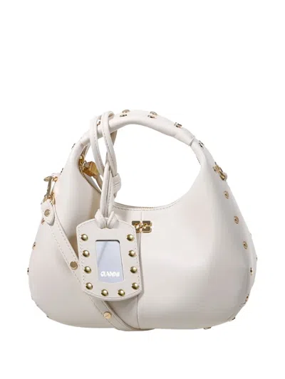 Ganni Mini Hobo Studded Tote Bag In White