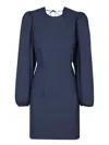Ganni Mini Navy Blue Open-back Dress With Balloon Sleeves In Stretch Viscose Blend Woman In Blu