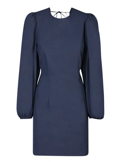 GANNI MINI NAVY BLUE OPEN-BACK DRESS WITH BALLOON SLEEVES IN STRETCH VISCOSE BLEND WOMAN