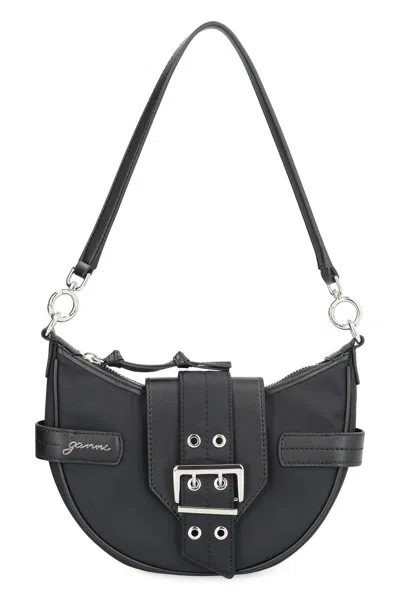 Ganni Mini Nylon Messenger Handbag With Faux Leather Accents In Black