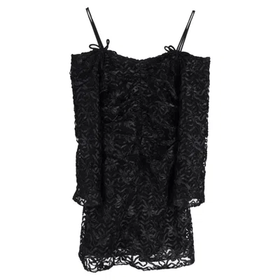 Pre-owned Ganni Mini Off-shoulder Ribbon Tulle Dress In Black Polyester