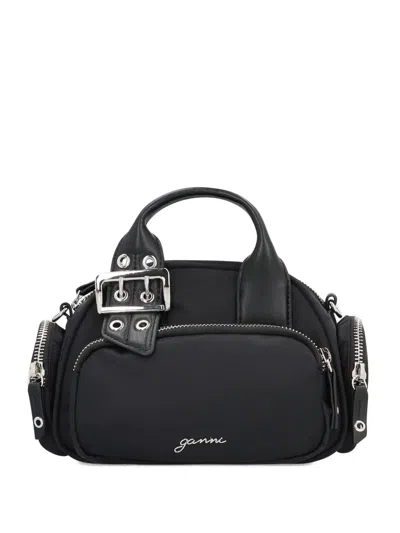 Ganni Mini Polochon Buckle-detail Top-zip Tote Bag In Black