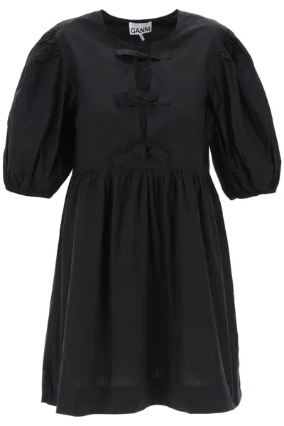 Ganni Cotton Poplin Tie String Mini Dress In Black