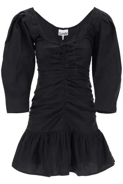 Ganni Gathered U-neck Minidress In Black