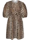 Ganni Brown Leopard Printed Cotton Tie String Minidress In Animal Print
