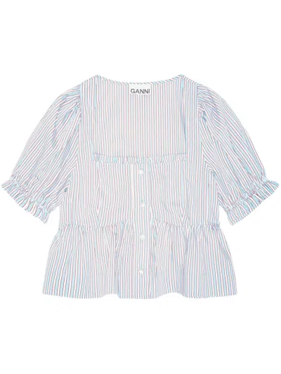Ganni Mini Puff Sleeve Blouse With Flounce Hem - Size 36 In Clear Blue