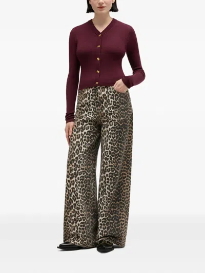 Ganni Mini Ribbed Merino Cardigan In Burgundy