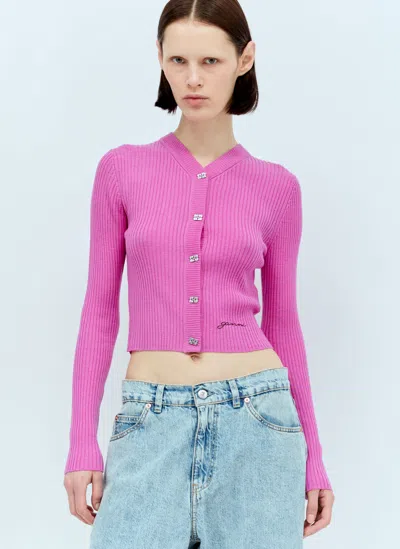 Ganni Merino Wool Monogram-button Cardigan In Pink