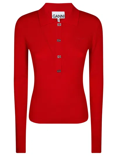 Ganni Mini Ribbed Merino Polo For Women In Red