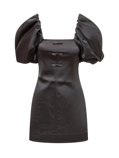 Ganni Bow-detail Satin Minidress In Black