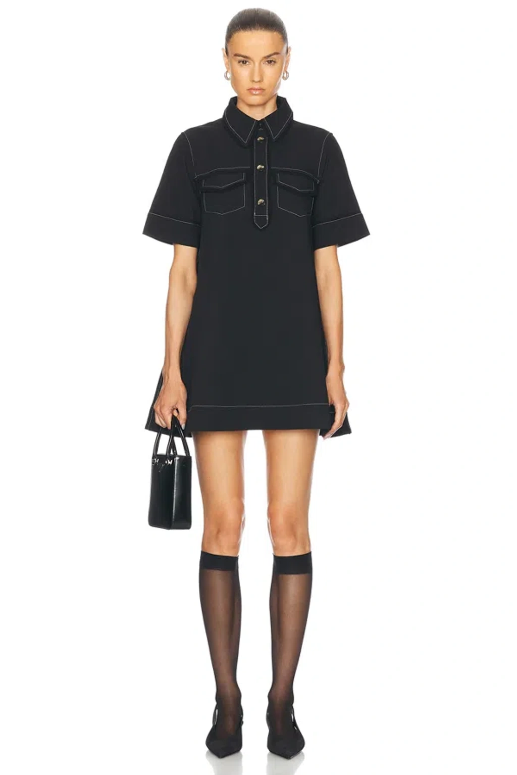 Ganni Mini Shirt Dress In 099 Black | ModeSens