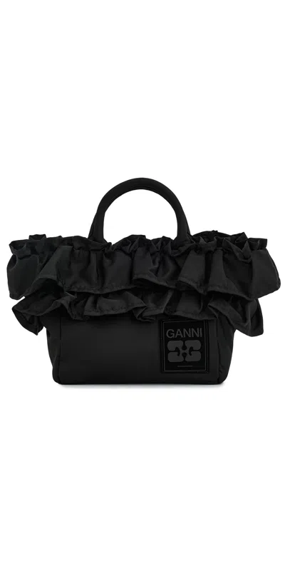 Ganni Mini Shopper Handbag Ruffle Top Handles Strap In Black