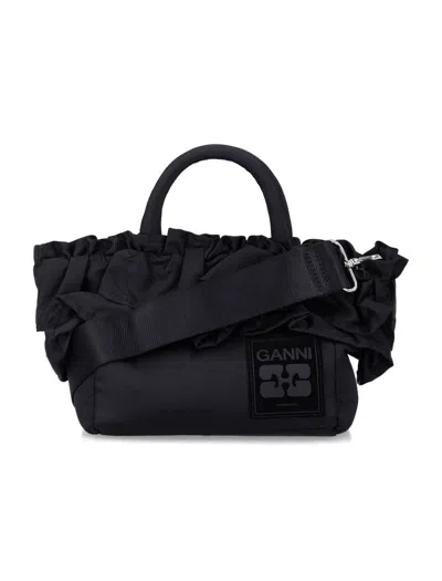 GANNI GANNI BLACK NYLON RUFFLED TOP HANDLE BAG