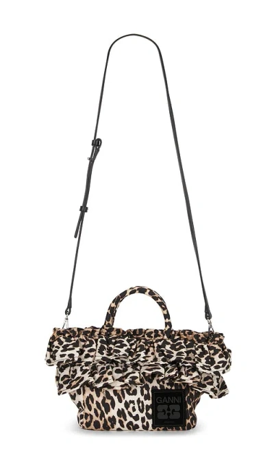 Ganni Mini Shopper Ruffle Print In Leopard