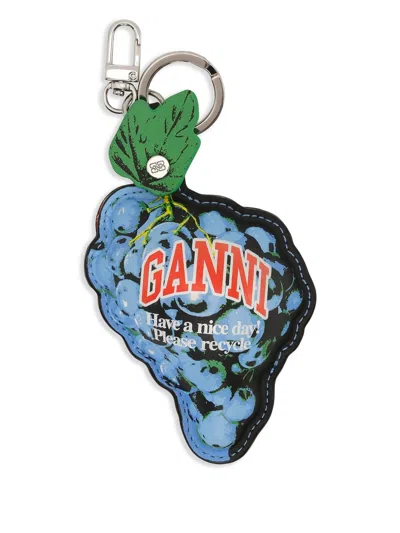 Ganni Mini Silver-tone Keychain With Snap Button Closure In Blue