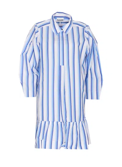 Ganni Mini Striped Shirt Dress In Blue