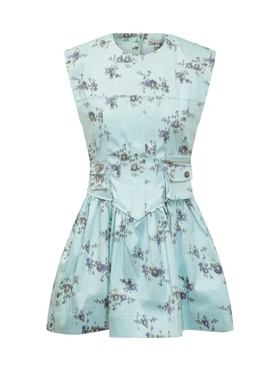 Ganni Mini Suit With Corset And Floral Print In Blue