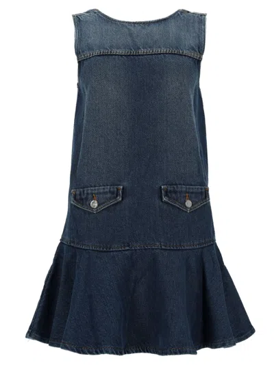 Ganni Denim Solid Round Neck Mini Dress In Blue