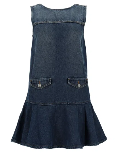 Ganni Denim Solid Round Neck Mini Dress In Blue