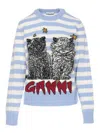 Ganni Light Blue Crewneck With Maxi Logo Print On The Front And All-over Striped Motif In Blue
