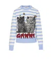Ganni Light Blue Crewneck With Maxi Logo Print On The Front And All-over Striped Motif In Wool Blend Woman In Clear Blue
