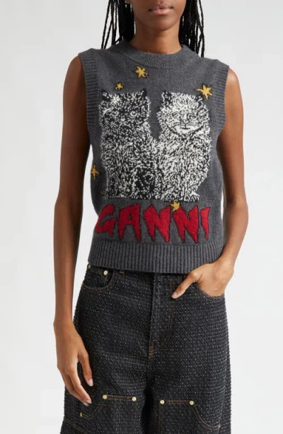 Ganni Logo Intarsia Wool-blend Sweater Vest In Grey