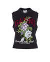 Ganni Floral Embroidered Wool Sleeveless Top In Black