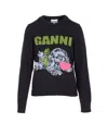 Ganni Playful Puppy Love Graphic Wool Blend Crewneck Sweater In Black