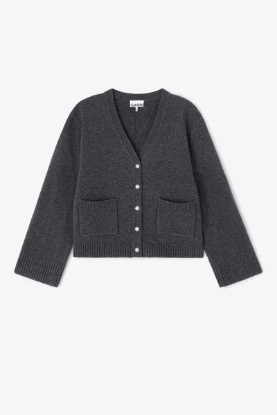 Ganni Mixed Classic Wool Cardigan - Size Xl In Gray