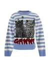Ganni Light Blue Crewneck With Maxi Logo Print On The Front And All-over Striped Motif In Multicolor