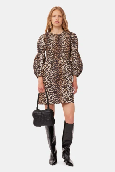 GANNI GANNI MIXED LEOPARD COTTON POPLIN SMOCK MINI DRESS - SIZE 36