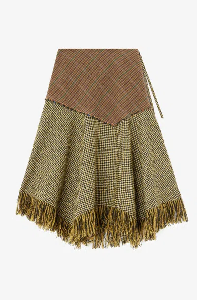Ganni Woollen Check Patchwork Long Skirt In Green