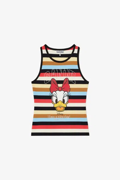 Ganni Mixed Tank Top With Daisy Duck - Size Xxs Organic Cotton