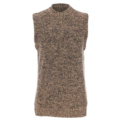 Pre-owned Ganni Mock Neck Sleeveless Vest Sweater In Brown Merino Wool In Multi