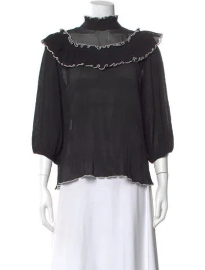 Pre-owned Ganni Mock Neck Three-quarter Sleeve Blouse In Black