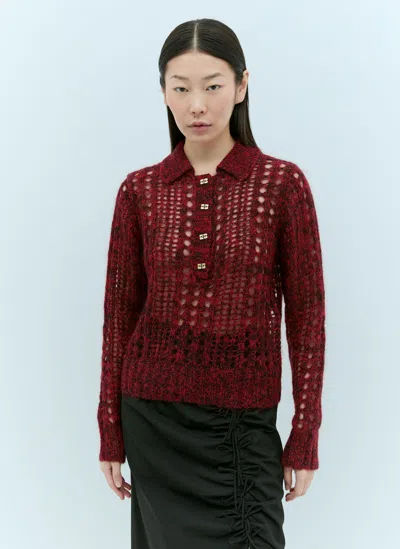 Ganni Mohair Lace Polo Sweater In Red